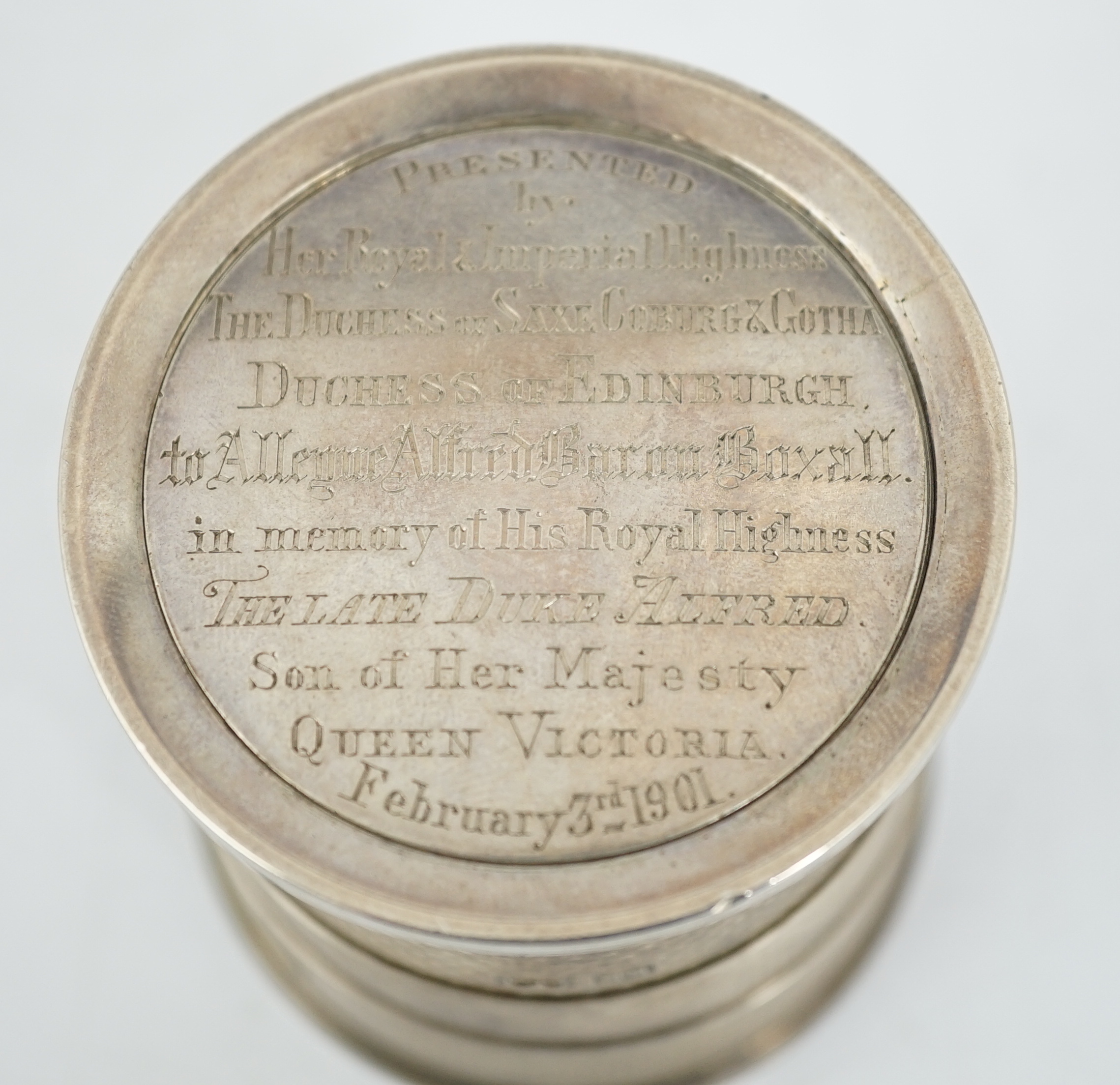 ROYAL INTEREST: A cased Victorian textured silver collapsible travelling cup, by Brownett & Rose, with later engraved inscription, 'Presented By Her Royal & Imperial Highness The Duchess of Saxe Coburg & Gotha Duchess of